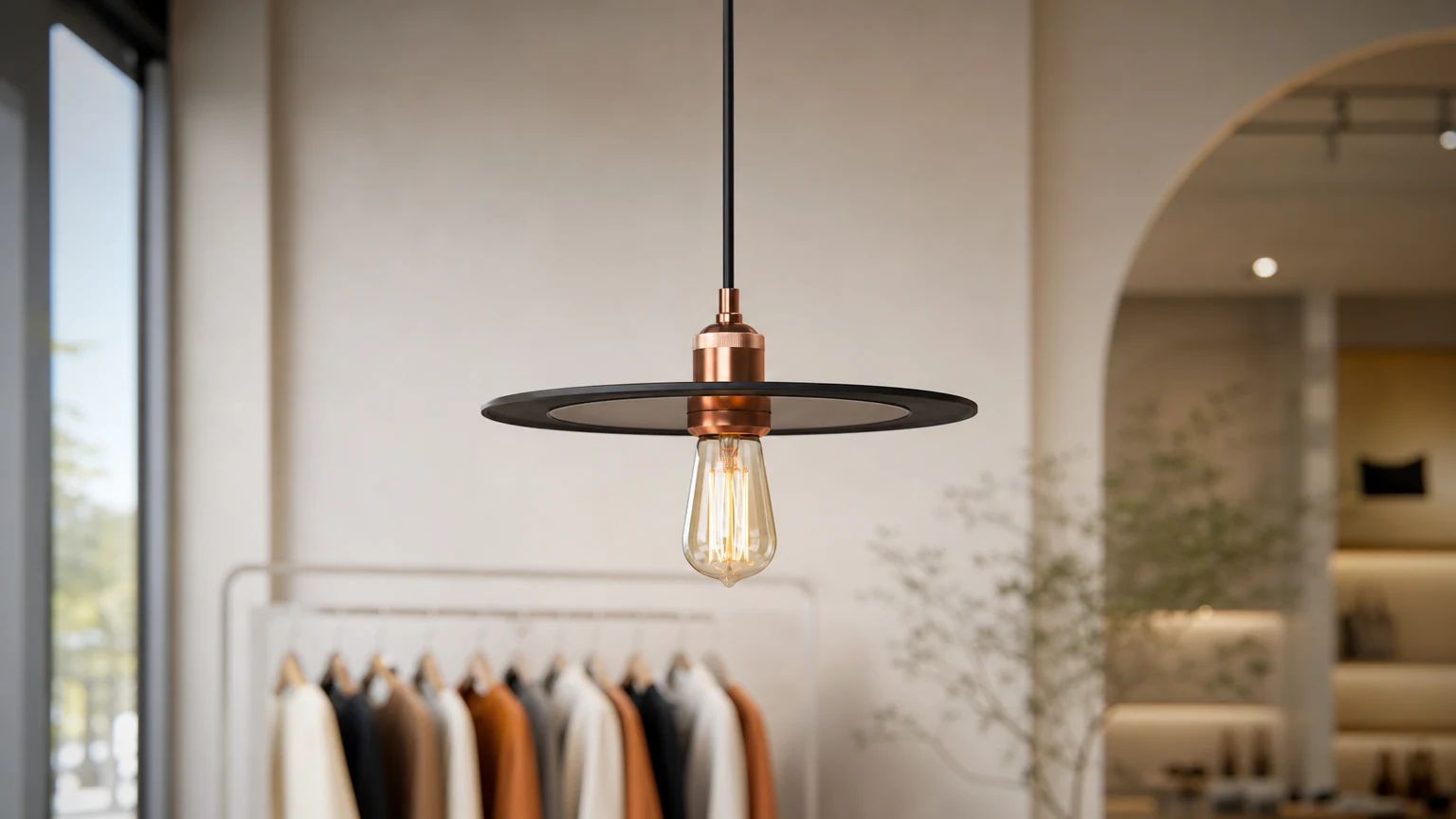 Lampa wisząca VELIQ Slim Disk w ciepłym, nowoczesnym wnętrzu