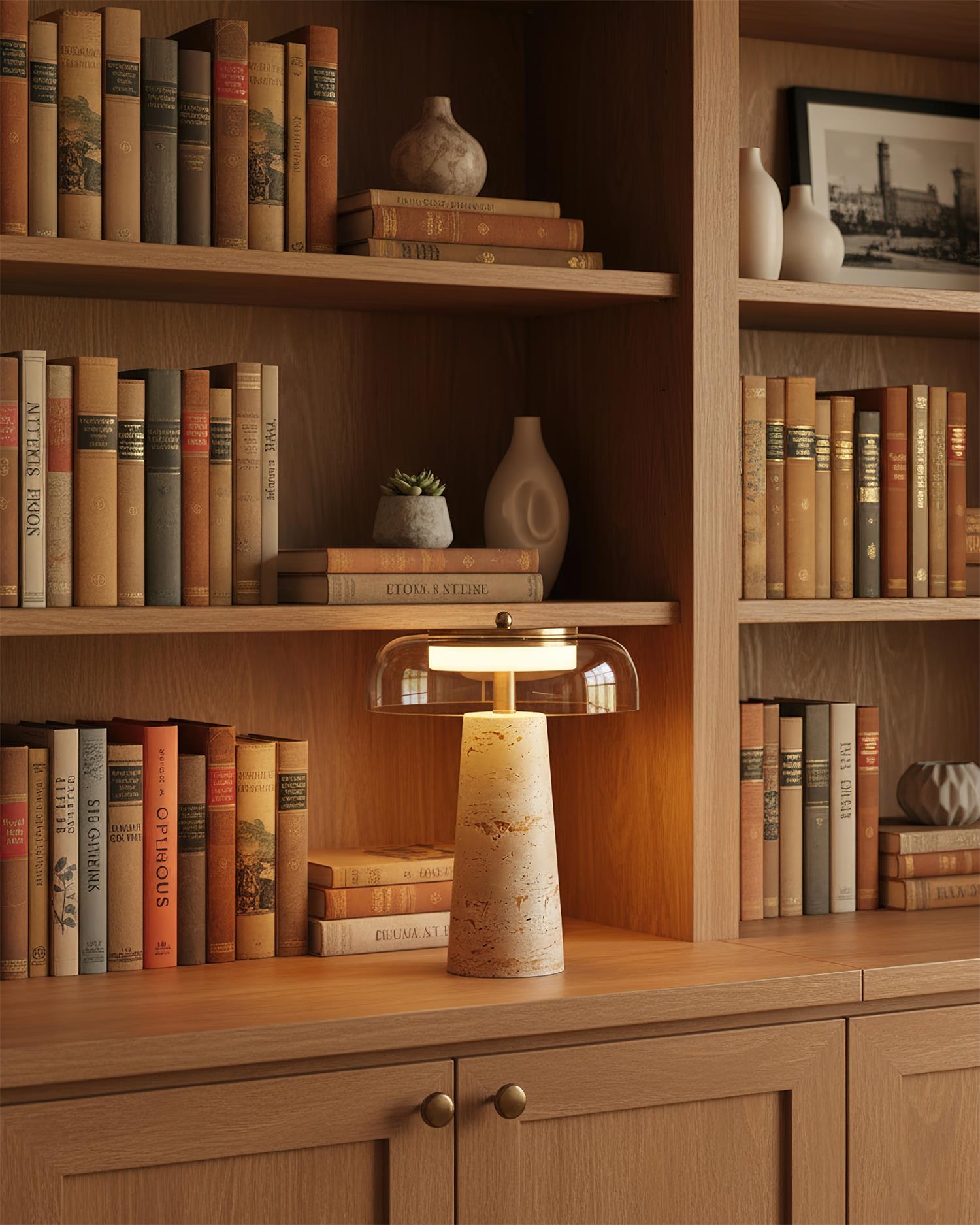 Lampa stołowa Lumetra na szafce w otoczeniu biblioteki
