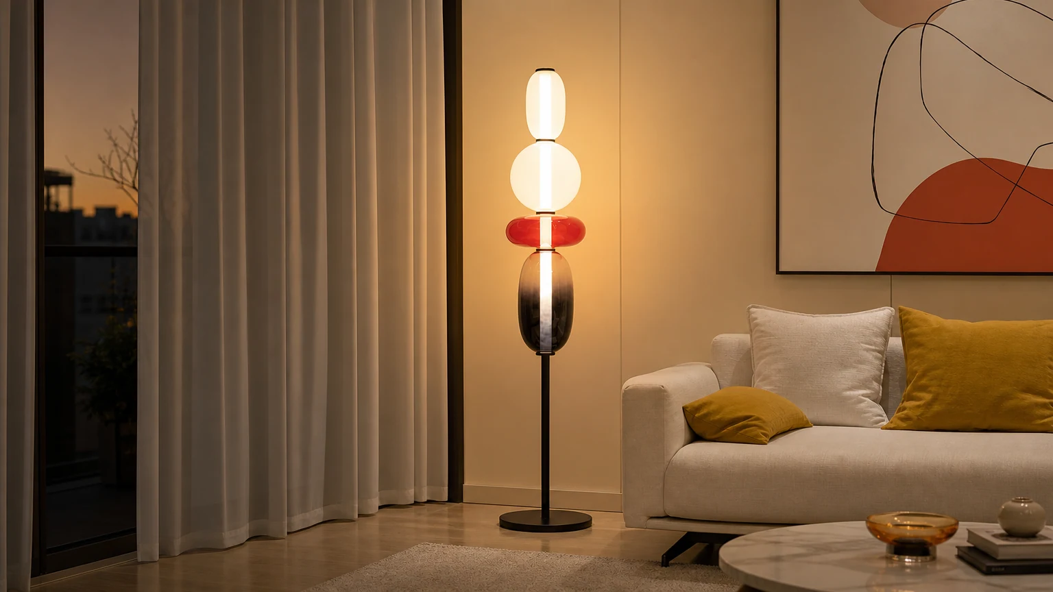 Nordycka minimalistyczna szklana lampa podłogowa w scenie w salonie