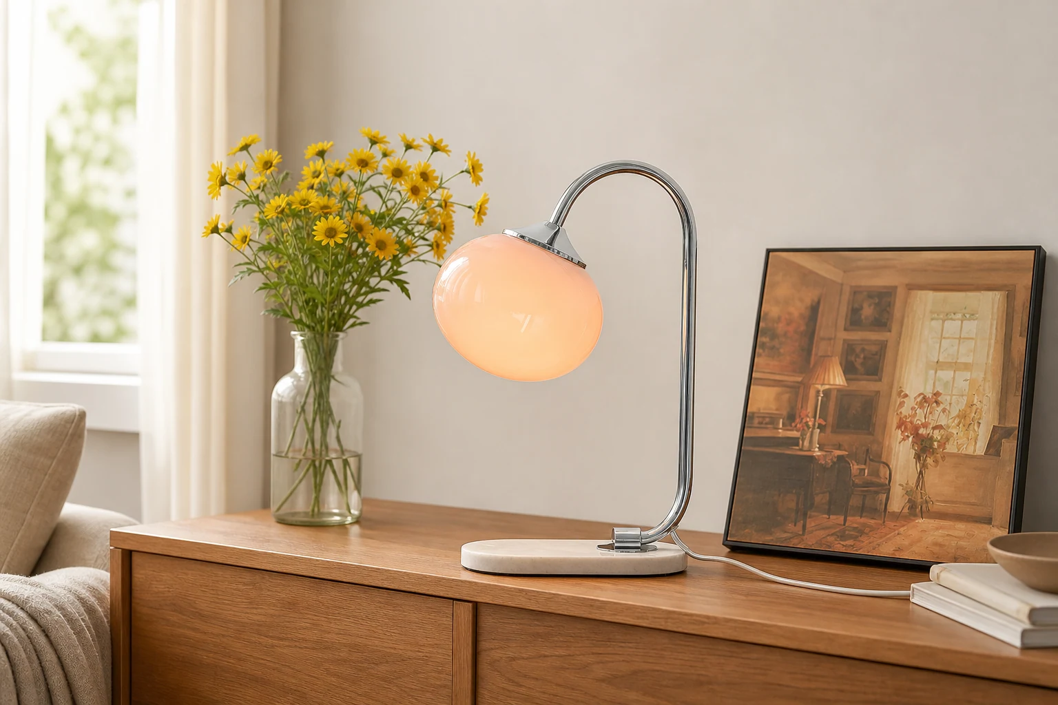 Lampa stołowa M454 prezentowana w scenie lifestylowej opartej na produkcie w kontekście