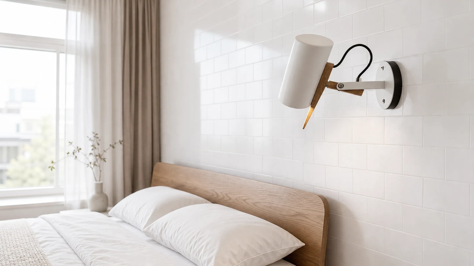 Geometryczna, obrotowa lampa ścienna w scenie ściennej w sypialni