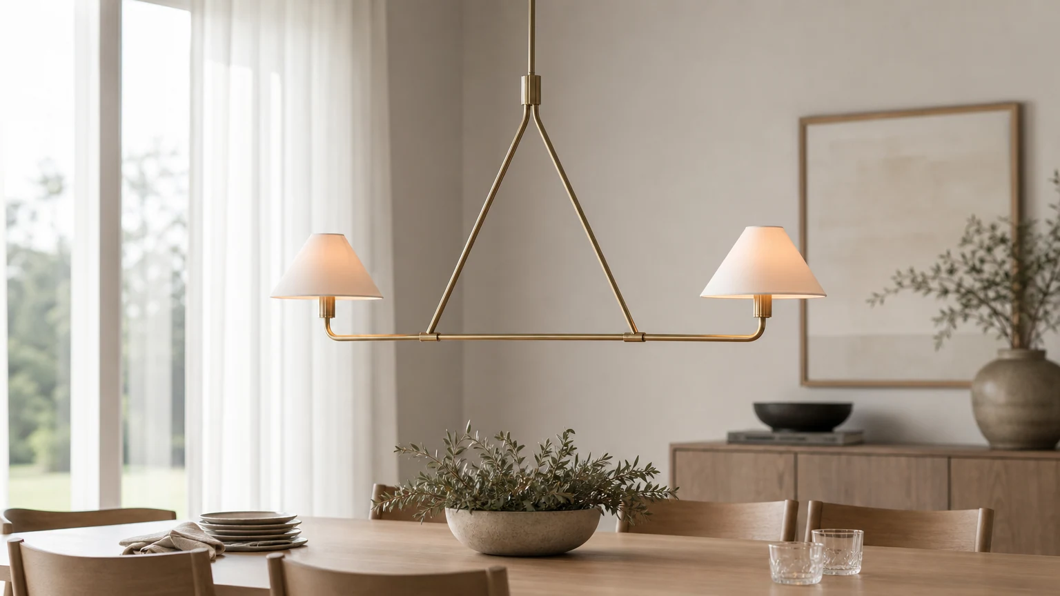 Diora metal chandelier with linen shades over a dining table