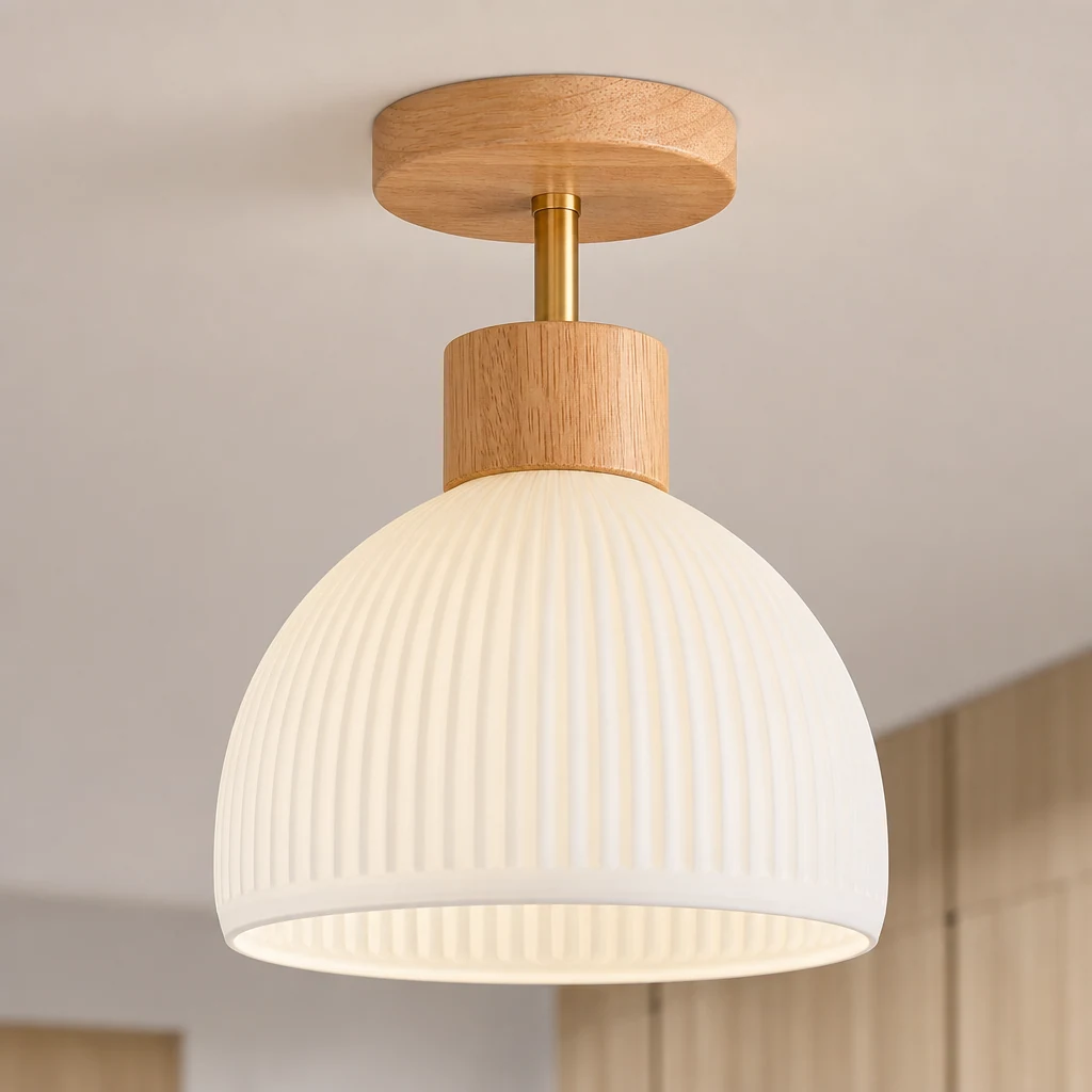 Zbliżenie na materiał i wykończenie lampy sufitowej w stylu nordyckiego drewna