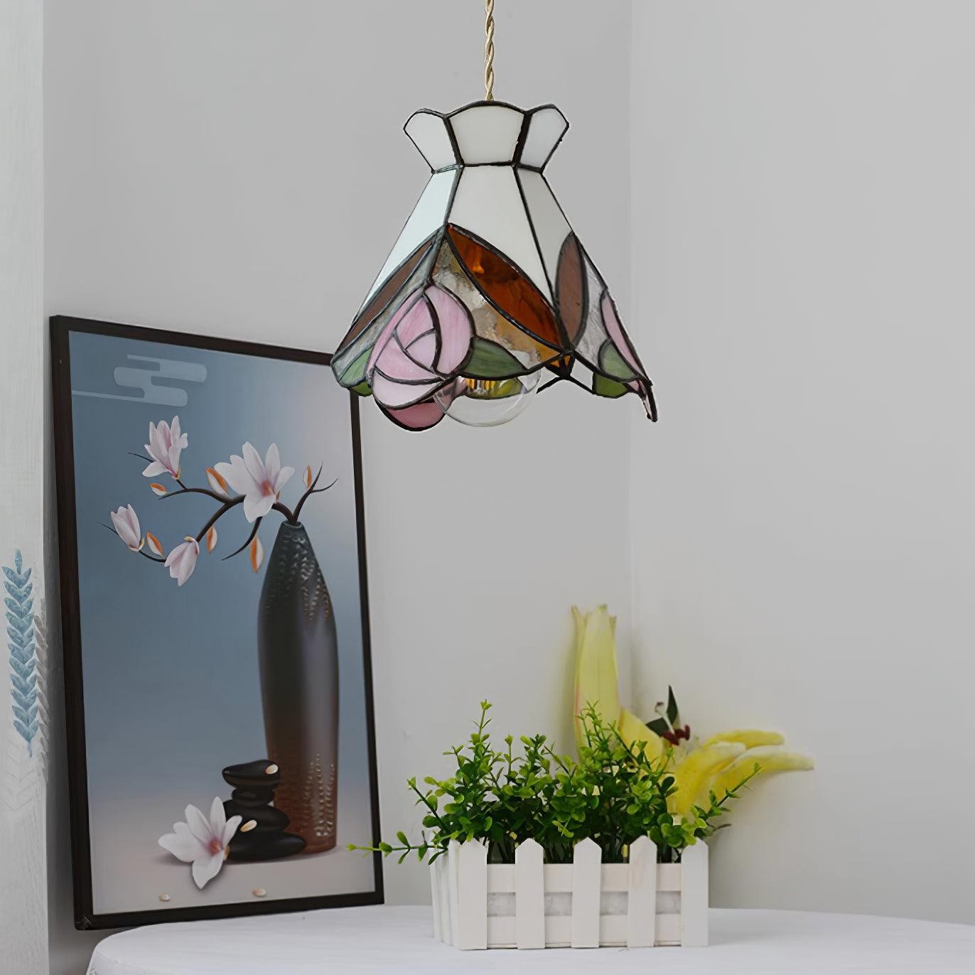 French Retro Rose Stained Glass Pendant Lamp M190