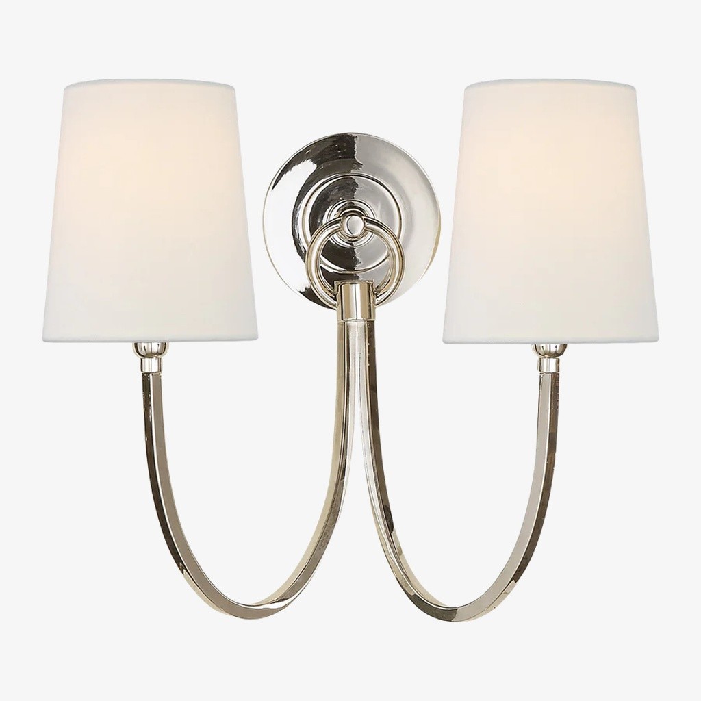 Roven Modern Double Wall Sconce with Curved Arms and Fabric Shades - Classic Accent Lighting for Bedroom T657