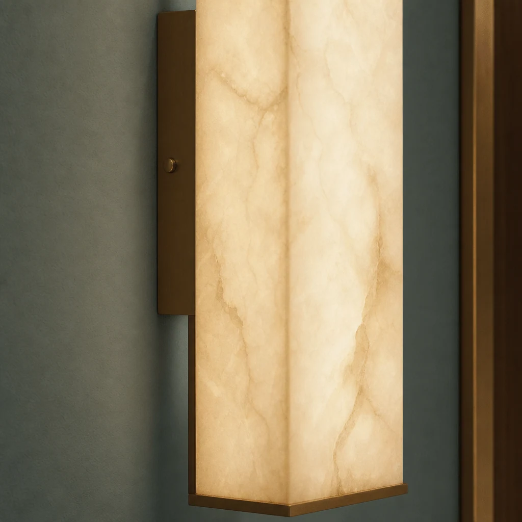 Zbliżenie na alabastrowe i mosiężne detale kinkietu Cuboid Alabaster