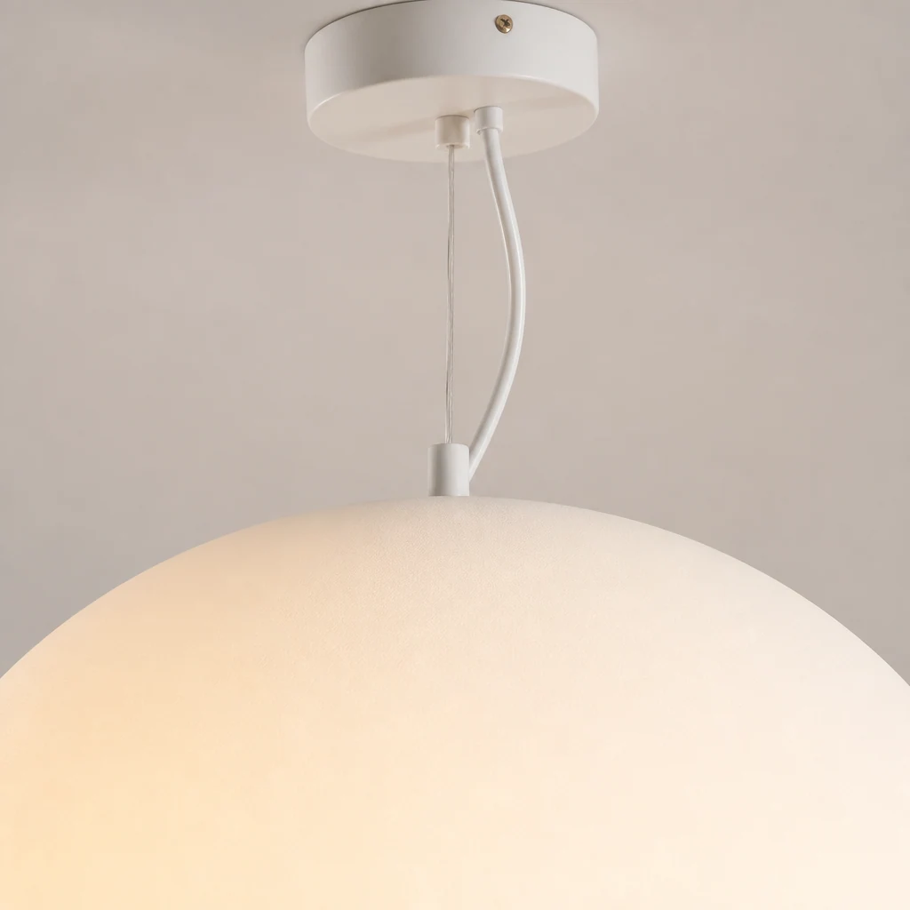 Zbliżenie szczegółów białego szkła i metalowego wykończenia lampy wiszącej Steamed Bun