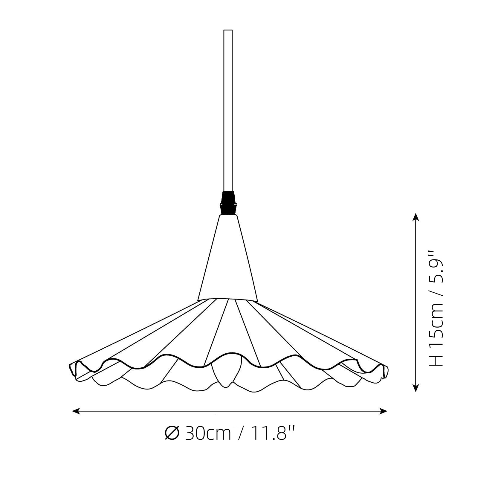 Måldiagram som viser Ruffles-pendellampen med diameter på 30 cm og høyde 15 cm.