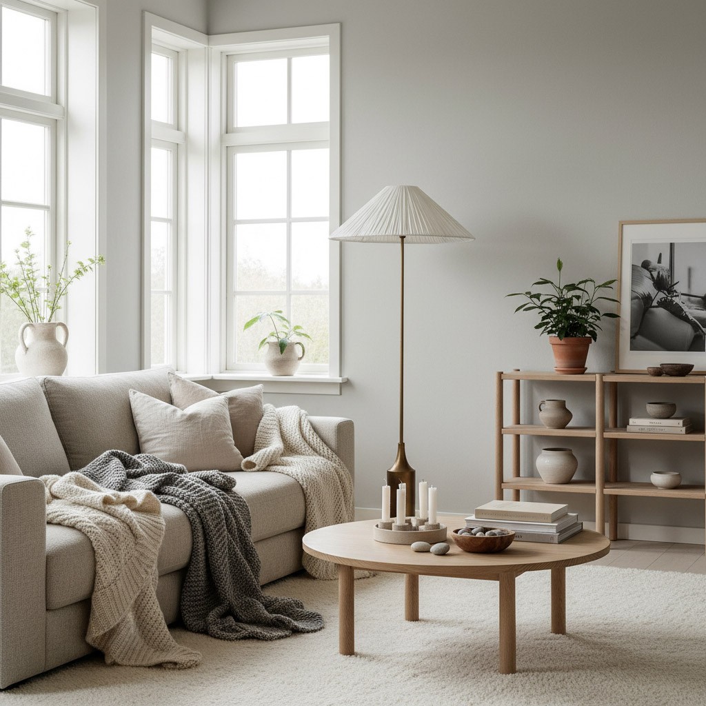 Lindi golvlampa i linne med vågig kant bredvid soffa och fönster