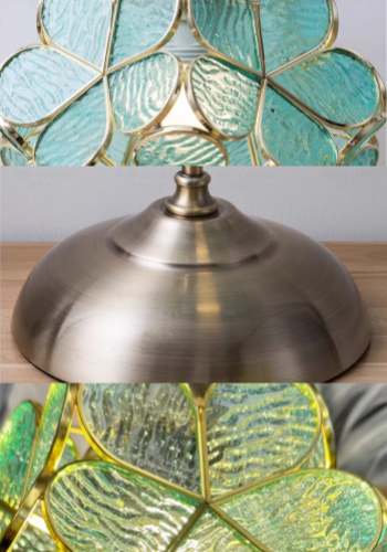 Detaljkollasje som viser glassskjerm og messingbase