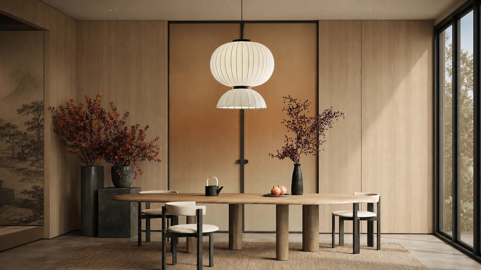Lampa wisząca Mulberry Silk Lantern M536 w ciepłej scenerii jadalni