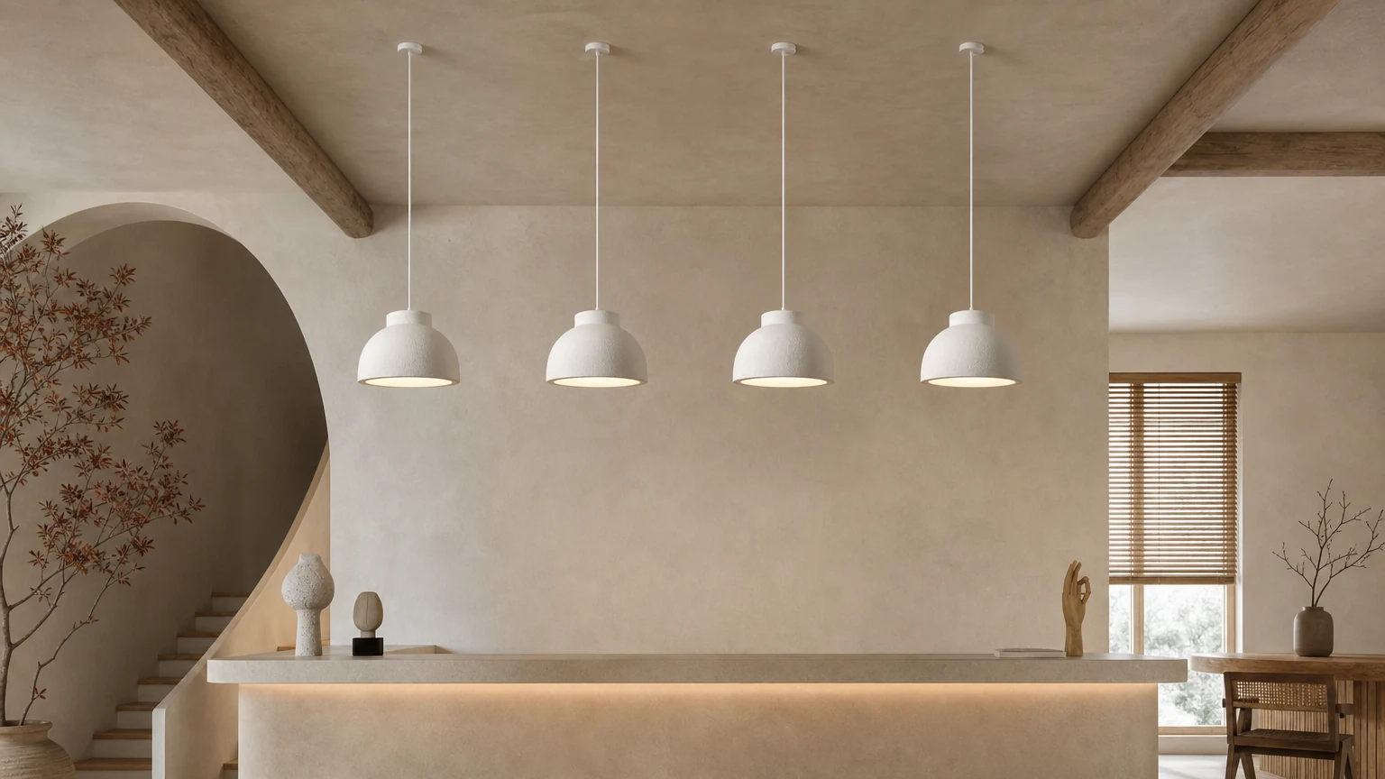 Lámpara colgante minimalista Nordic Bowl de poliestireno D829 en un ambiente interior cálido.