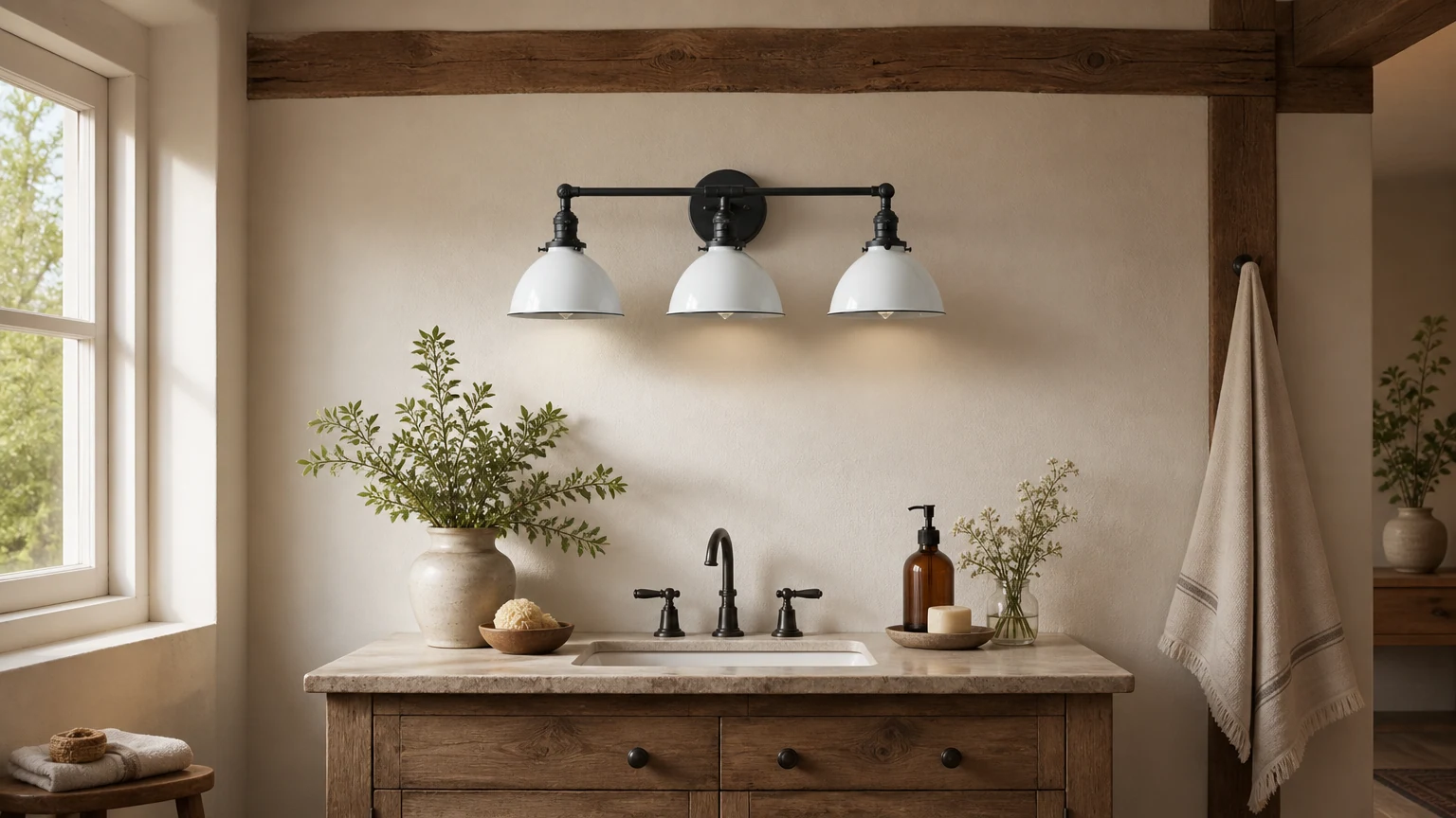 Lampa umywalkowa Conique z trzema kloszami pokazana w rustykalnej łazience