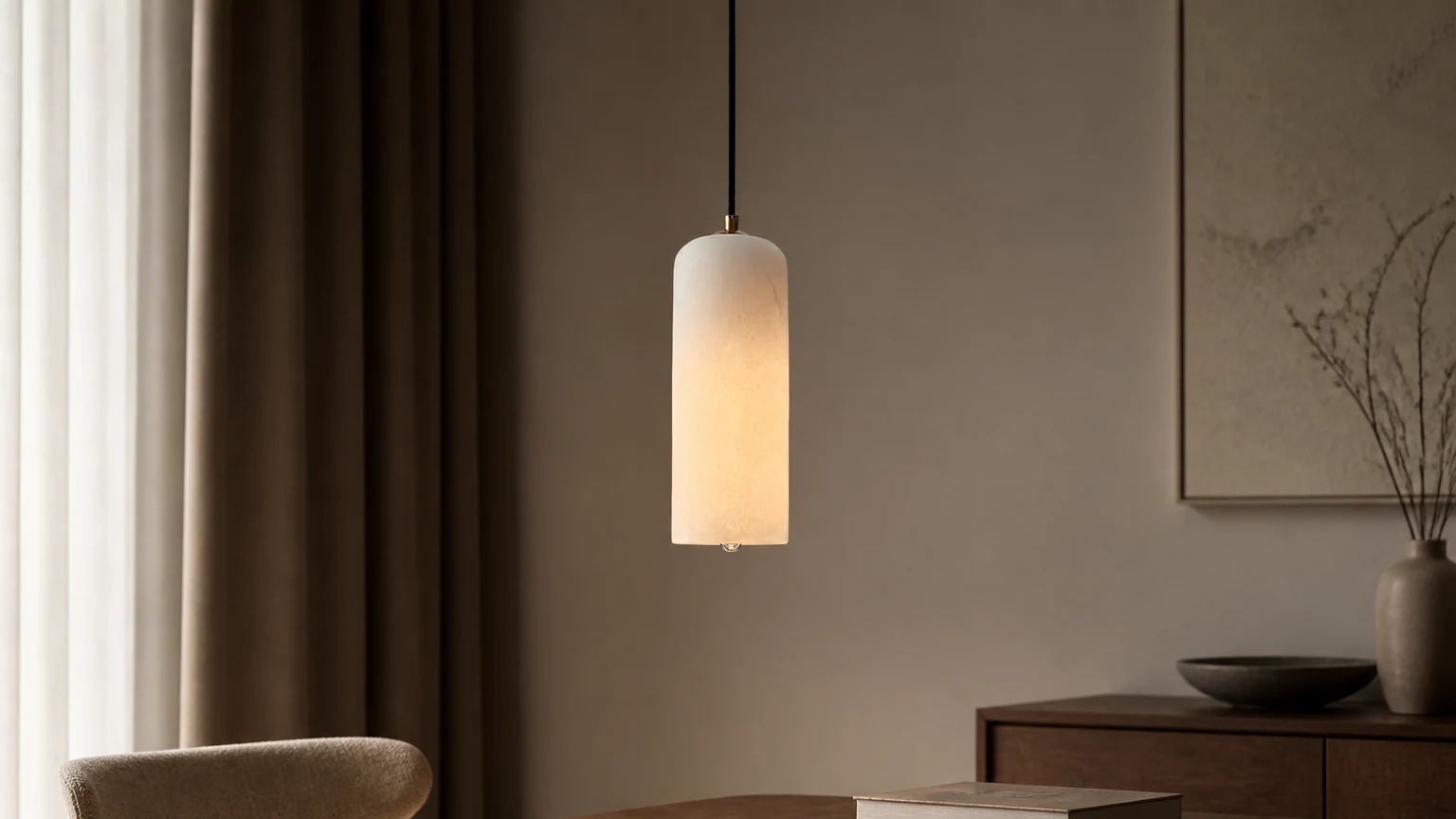 Nordycka nowoczesna lampa wisząca Alabaster Monty w ciepłej scenerii wnętrza