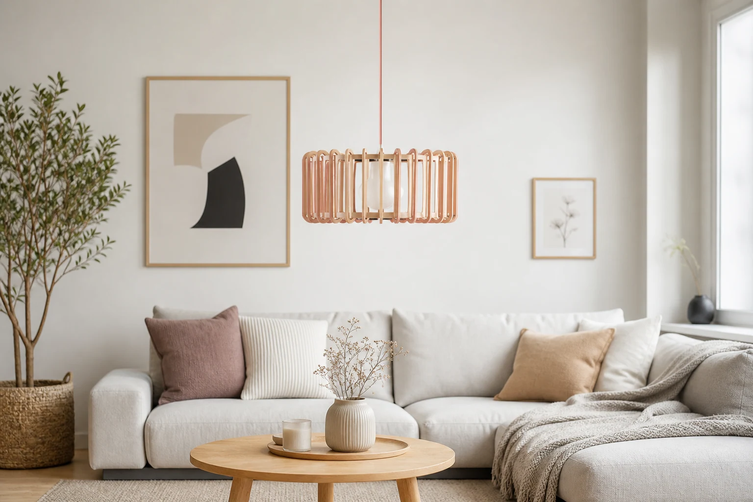 Macaron-pendellampa i en produkt-i-kontext-inredningsscen