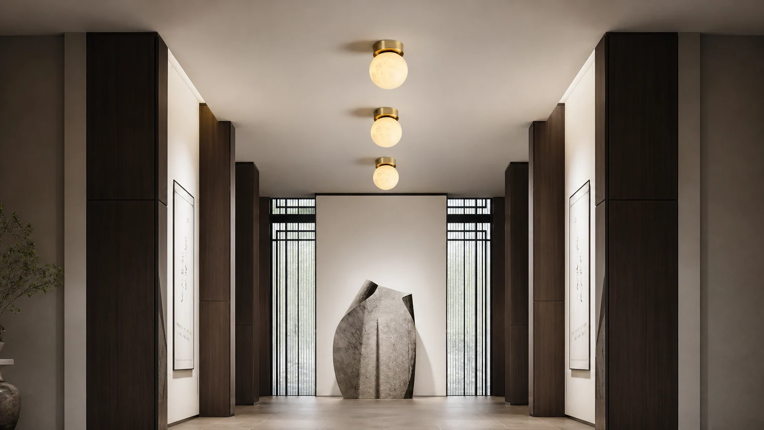 Lampa sufitowa Moon Alabaster M538 w ciepłej scenerii wnętrza