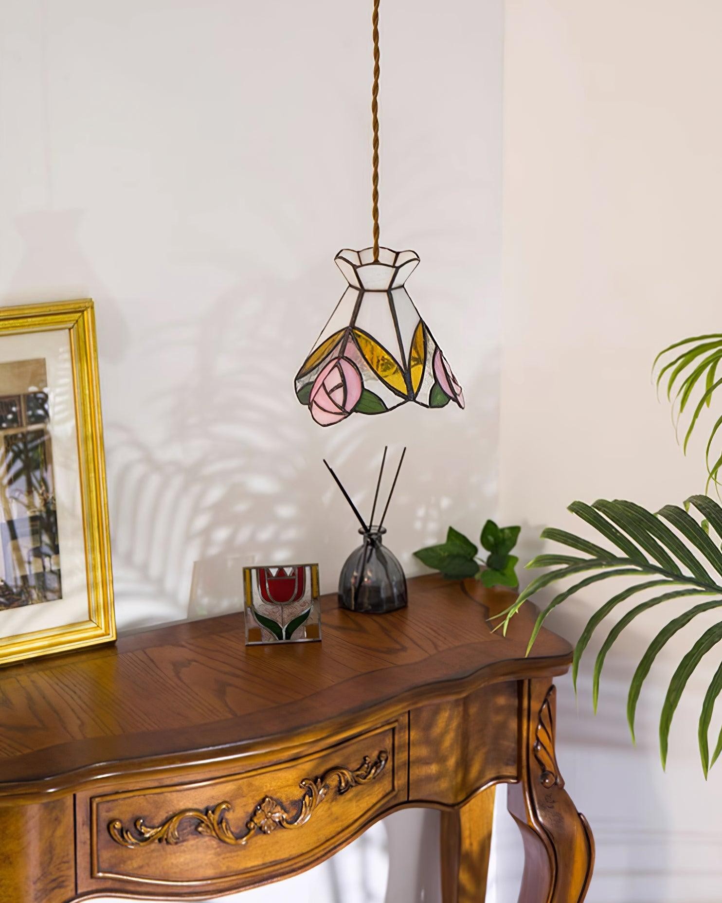 French Retro Rose Stained Glass Pendant Lamp M190