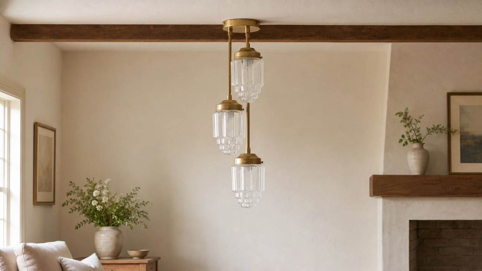Szklana lampa wisząca Tierlux Art Deco zainstalowana w wyrafinowanym wnętrzu