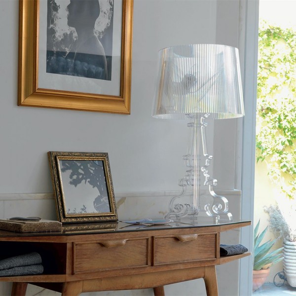 Clear acrylic Bourgie lamp on a console table
