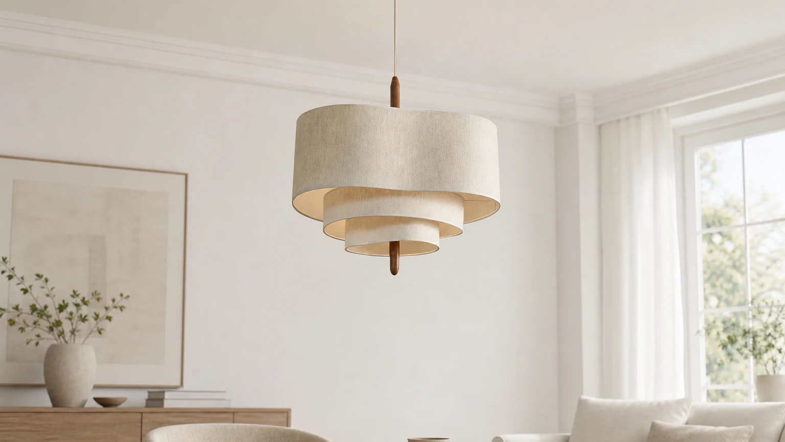 Lampa wisząca z tkaniny Nordic Retro M145 pokazana w spokojnej scenerii wnętrza