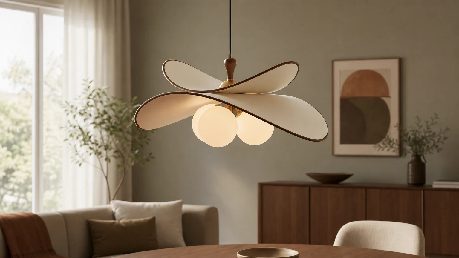 Lampa wisząca Orrise z pływającą szklaną kulą w ciepłym, nowoczesnym pokoju