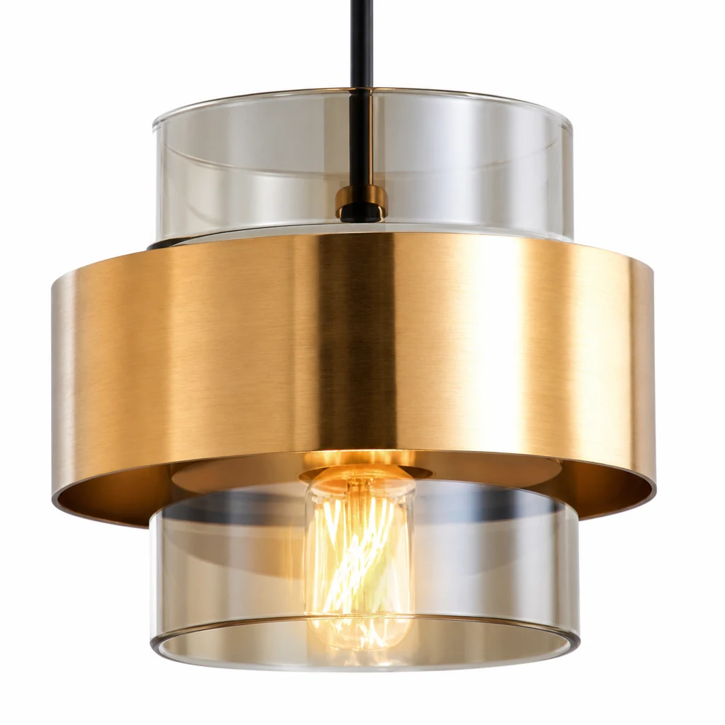 Zbliżenie szczegółów warstwowego szkła i metalowego wykończenia lampy wiszącej Nordic