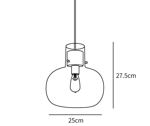 Schemat wymiarowy zaokrąglonej lampy wiszącej o wymiarach 25 cm na 27,5 cm