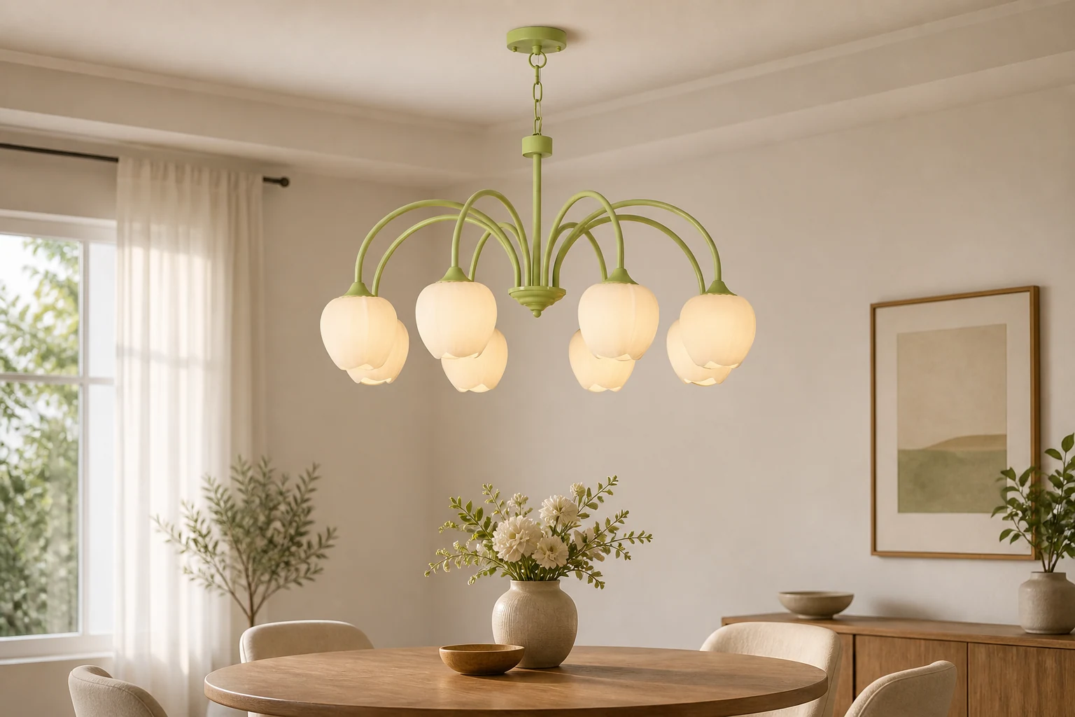 Żyrandol Tulip Matcha D364 scena lifestylowa z widocznym pełnym żyrandolem