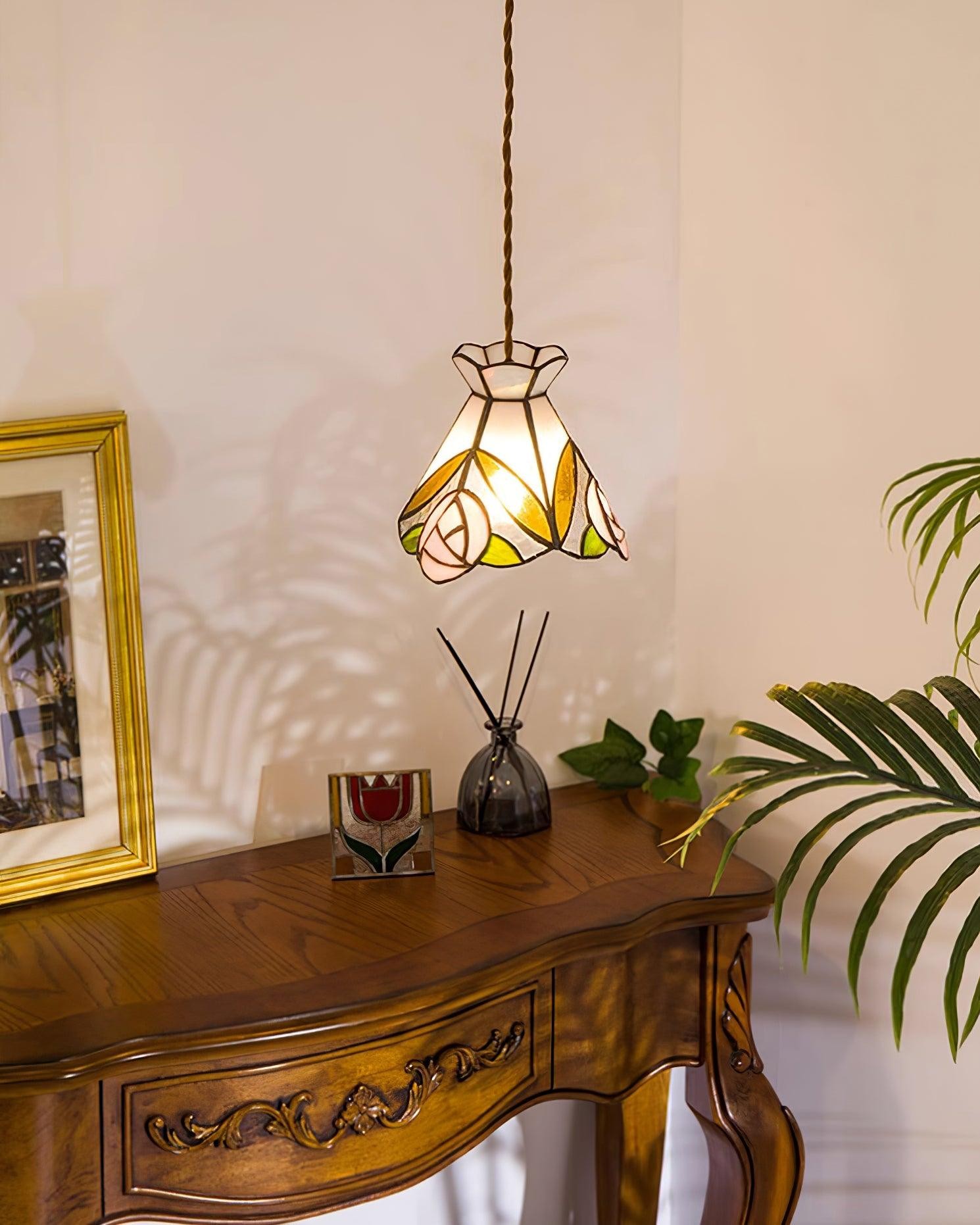 French Retro Rose Stained Glass Pendant Lamp M190
