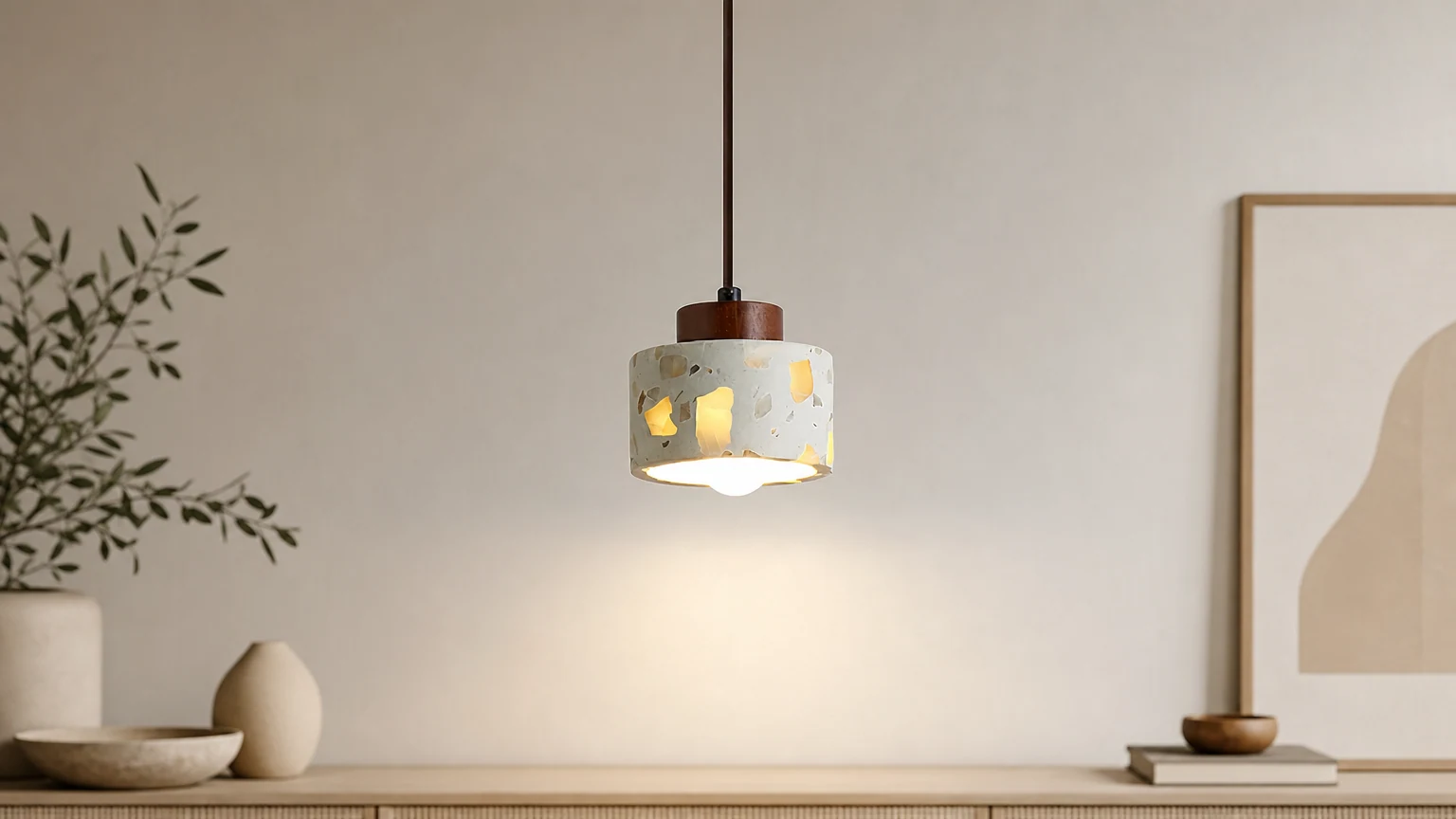 Lampa wisząca Cemento D201 pokazana w ciepłej scenerii wnętrza