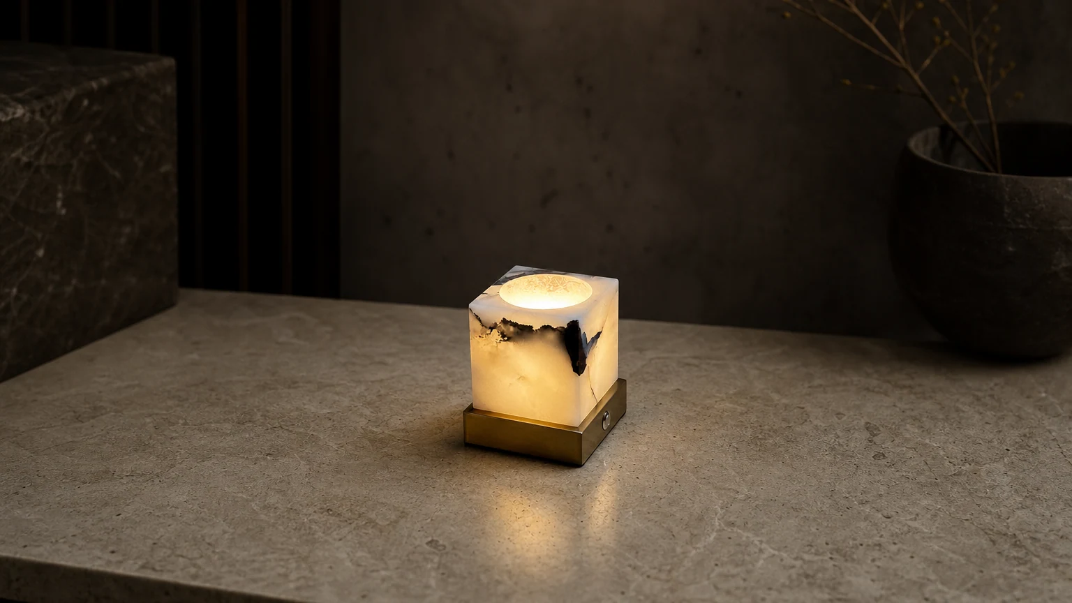Marmurowa lampa stołowa Cube D574 w ciepłej scenie na blacie