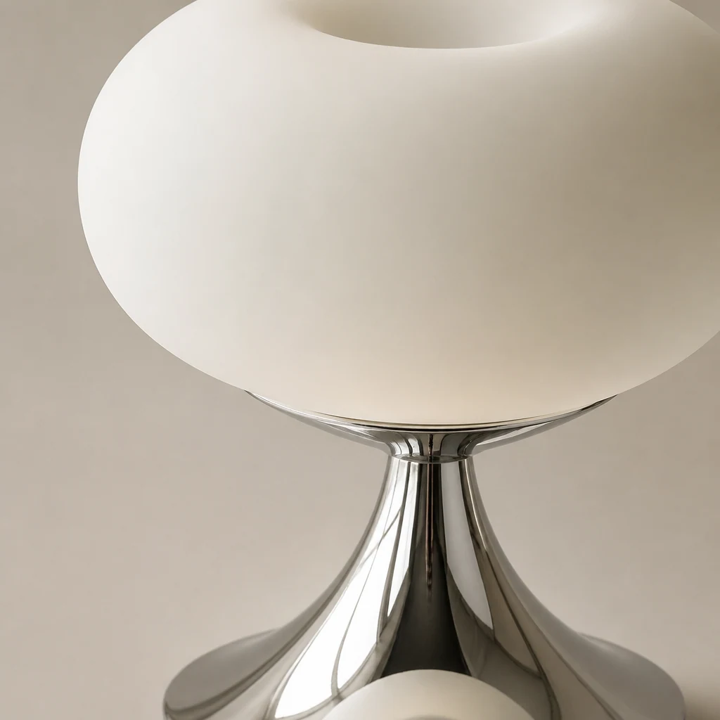 Zbliżenie na szklaną i metalową lampę stołową Bauhaus