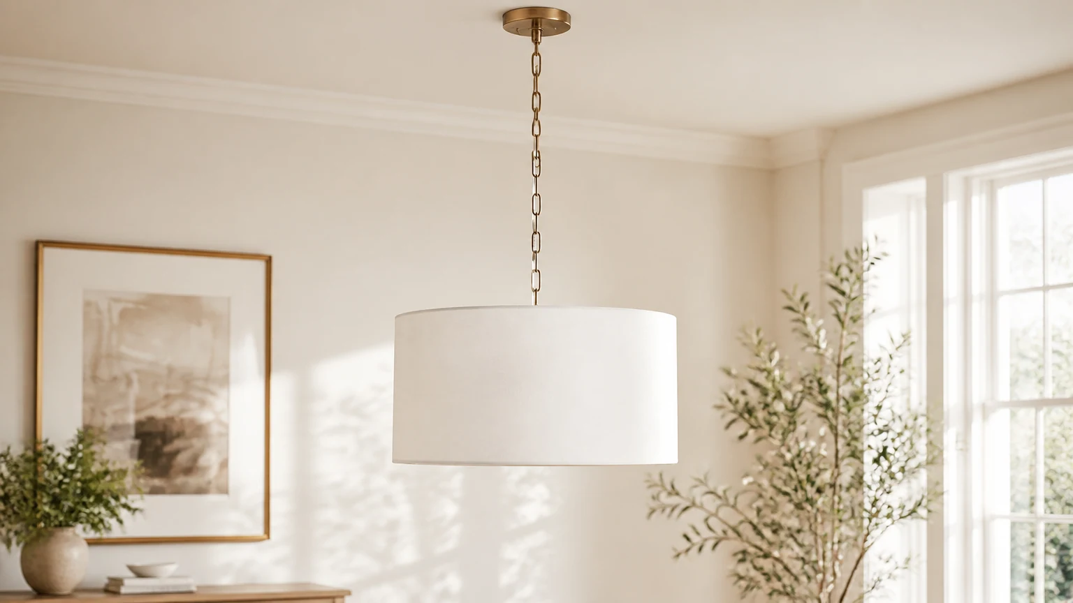 Lampa wisząca z lnianym bębnem Dumora w ciepłym pomieszczeniu