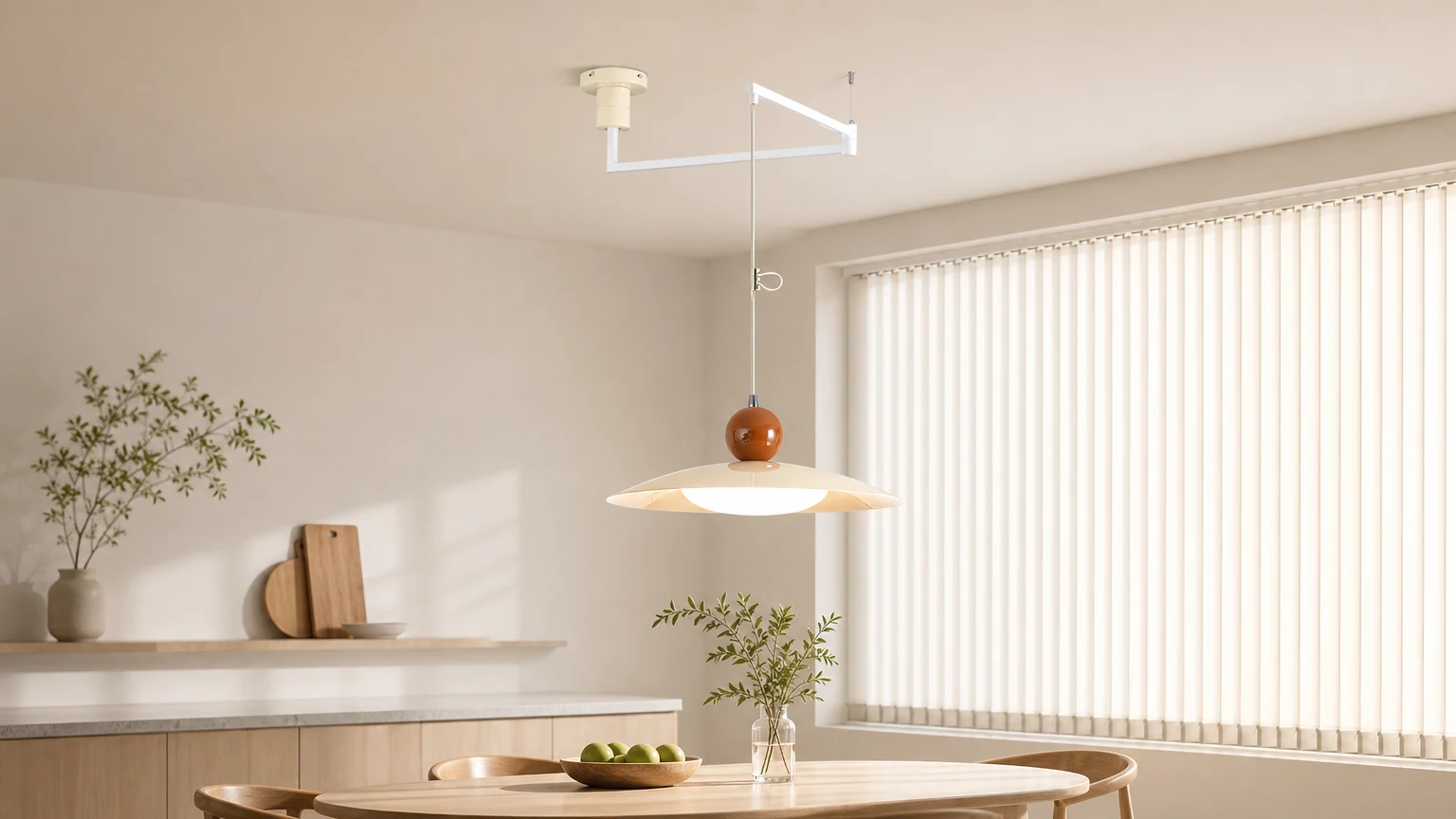 Lampa wisząca Nordic Flying Spodek z wahadłowym ramieniem zainstalowana w ciepłym, nowoczesnym pomieszczeniu