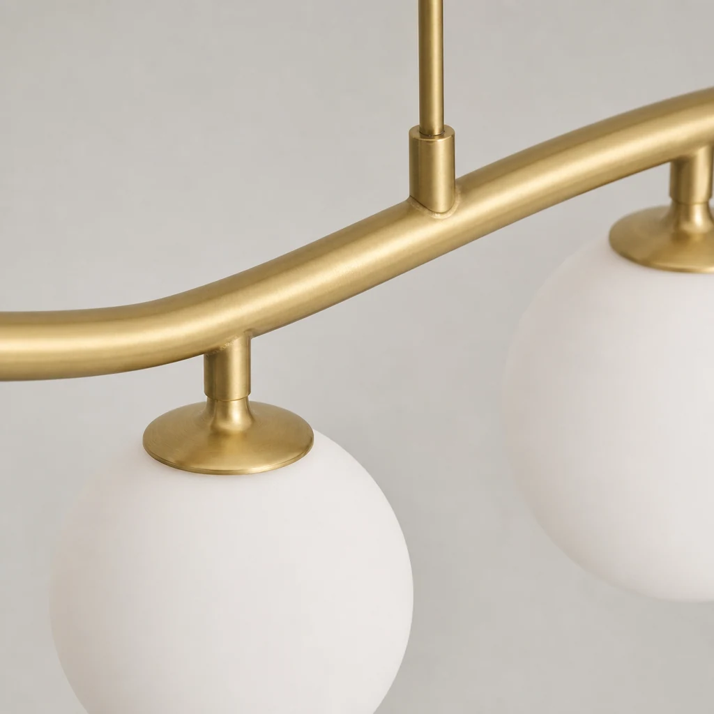 Zbliżenie szczegółu nordyckiej minimalistycznej lampy wiszącej ze szkła i metalowego wykończenia
