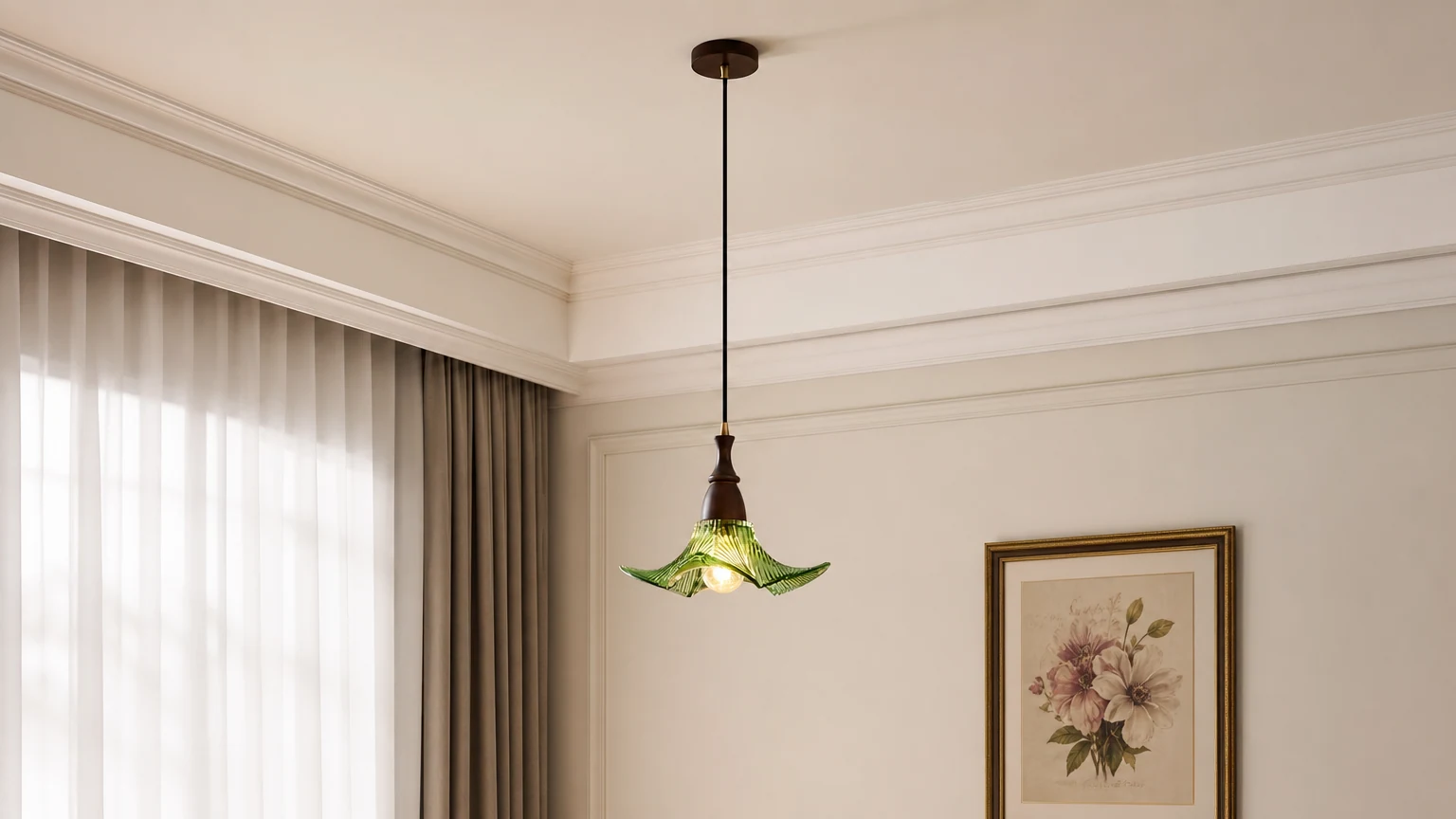 Szklana lampa wisząca Lila D45 w stonowanym pomieszczeniu