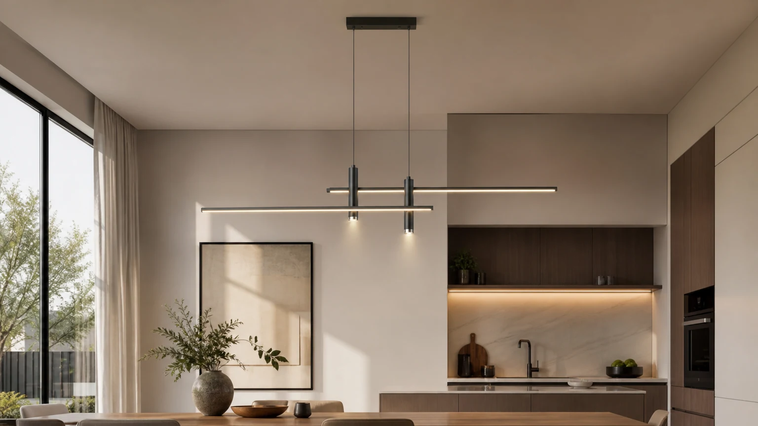 Nowoczesny, minimalistyczny, elegancki metalowy żyrandol M133 pokazany w pomieszczeniu