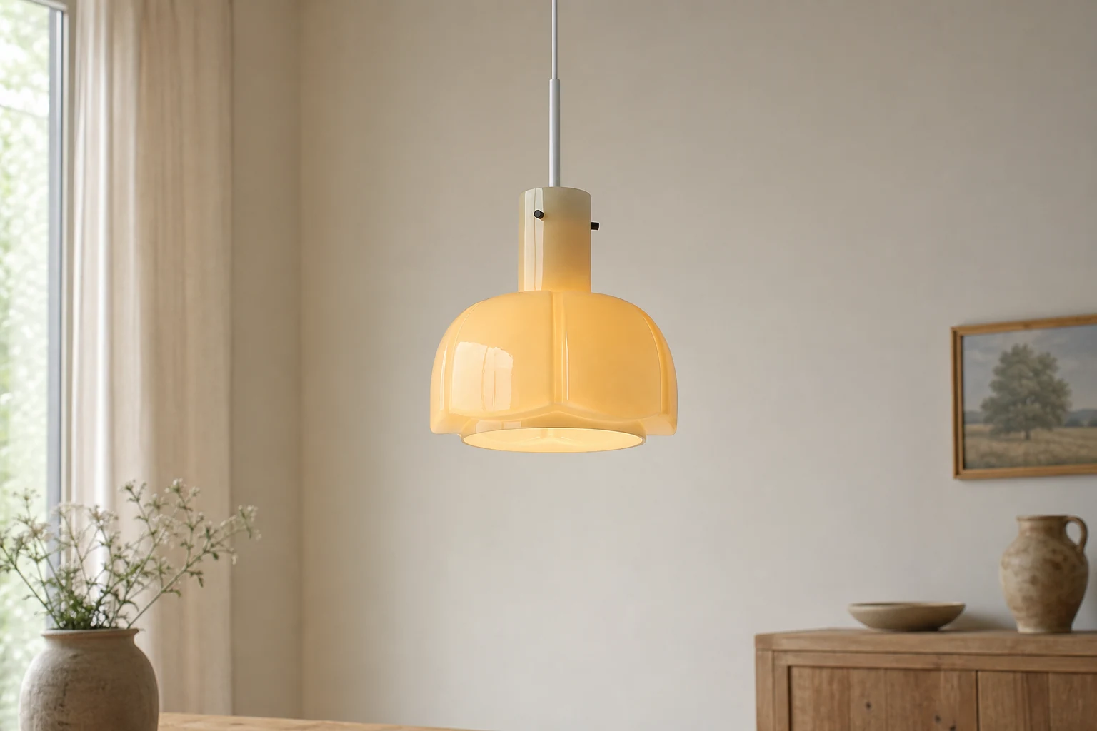 Lampa wisząca M123 pokazana w delikatnie urządzonym pokoju lifestylowym