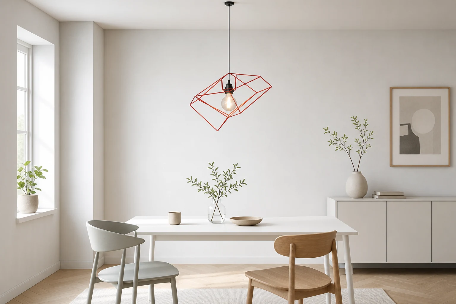 Geometryczna lampa wisząca w scenie pokoju lifestylowego