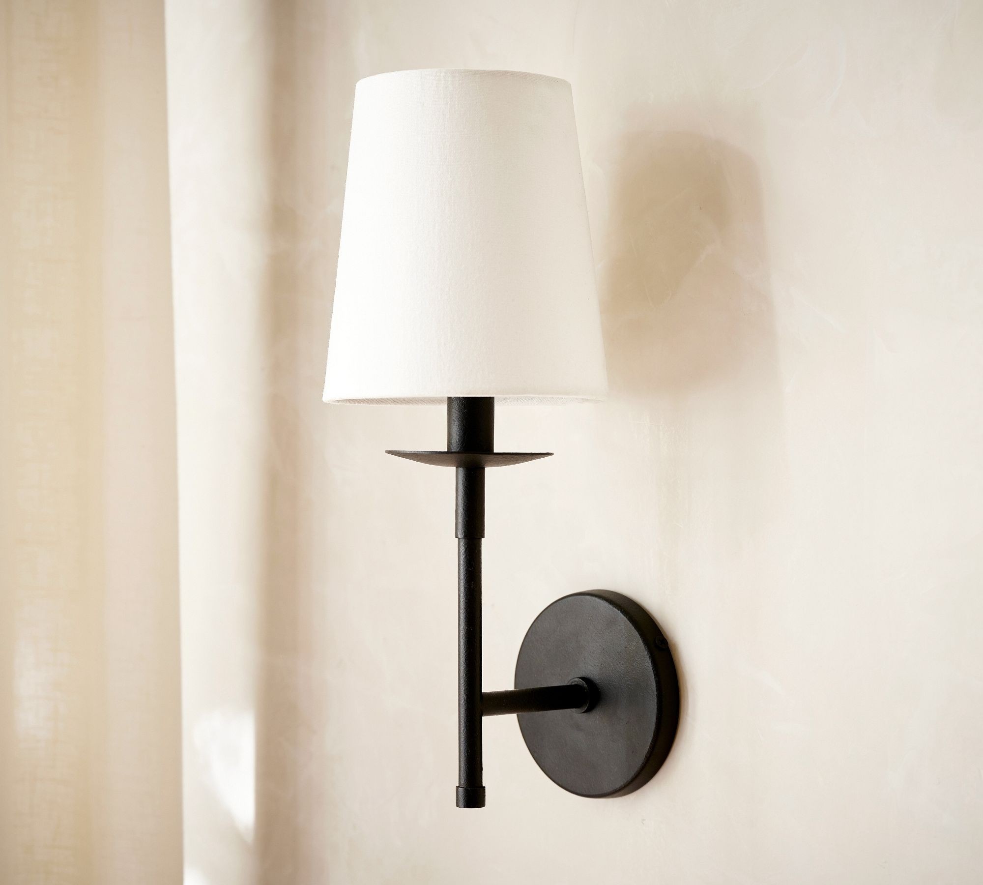 Rowan Bronze or Brass Wall Sconce - Iron Light with White Linen Shade for Home T053