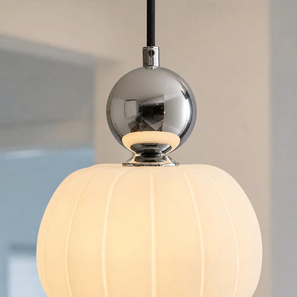 Zbliżenie klosza i wykończenia kremowej lampy wiszącej French Vintage