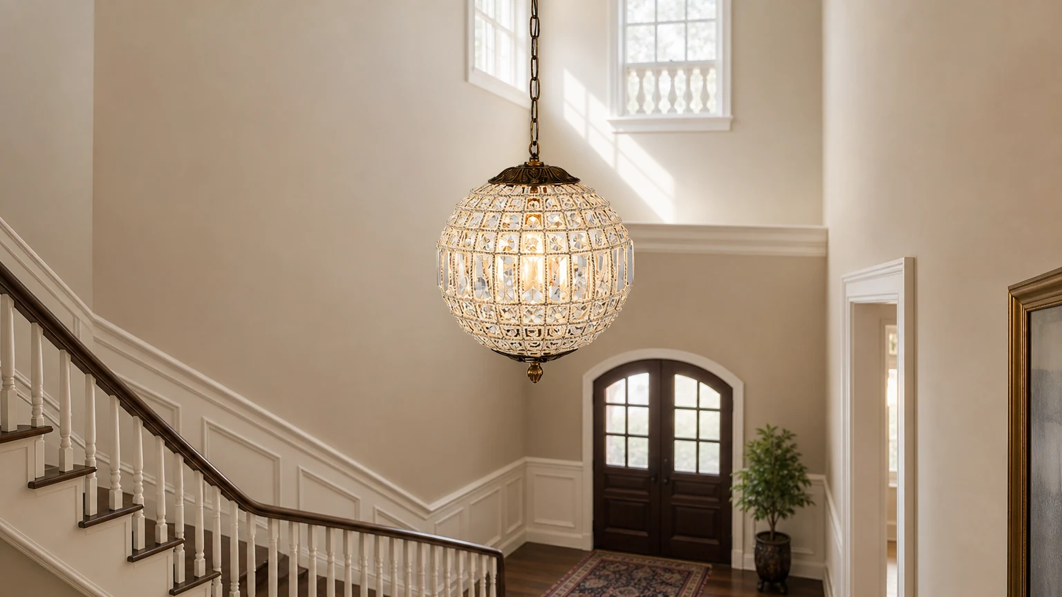 Żyrandol Vintage Luxe Brass Crystal Orb G95 w ciepłej scenie wnętrza
