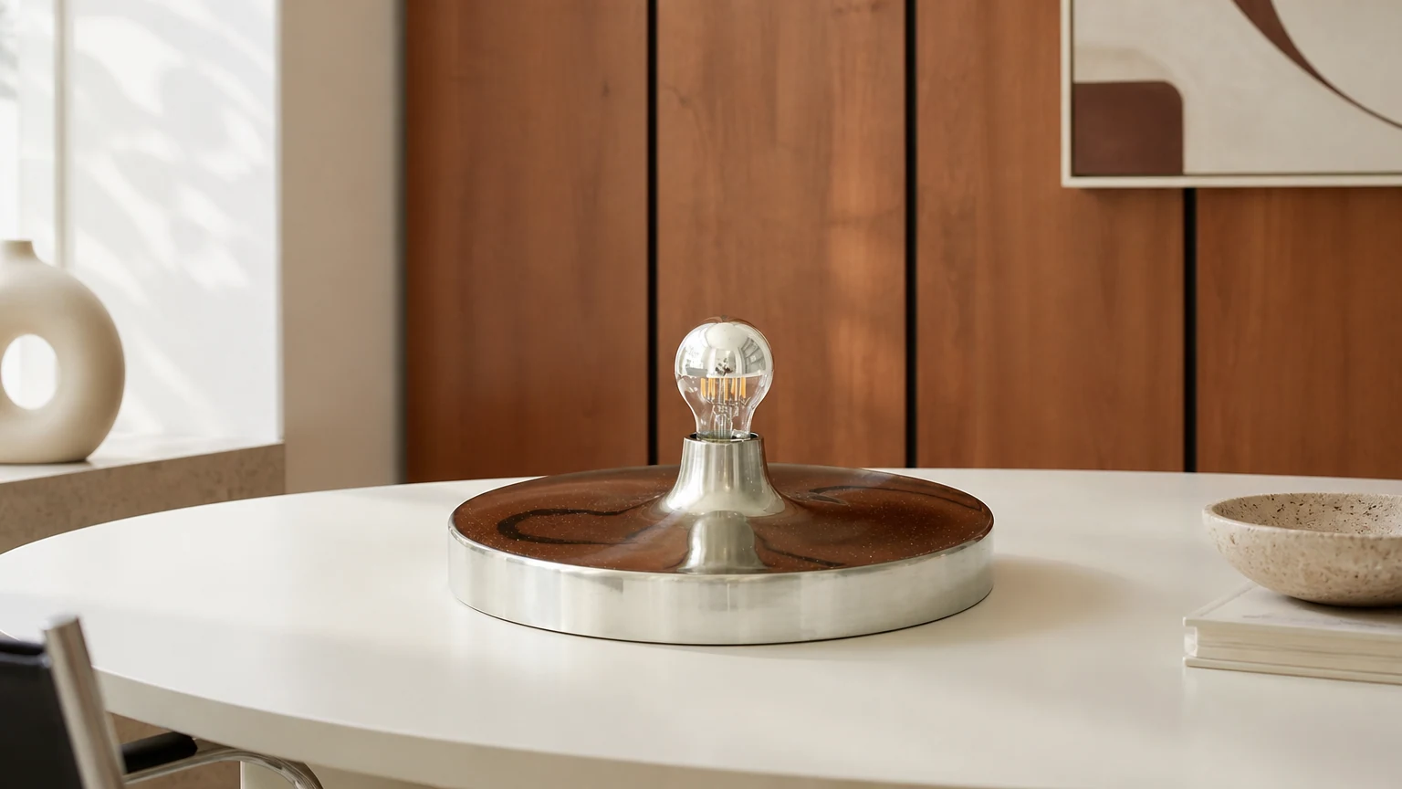 Lampa sufitowa Space Age Disc G93 zamontowana w nowoczesnym wnętrzu