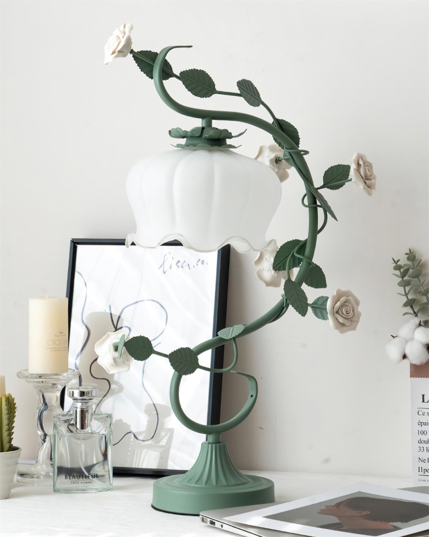 Green Pink White Rose Flower Table Lamp M209