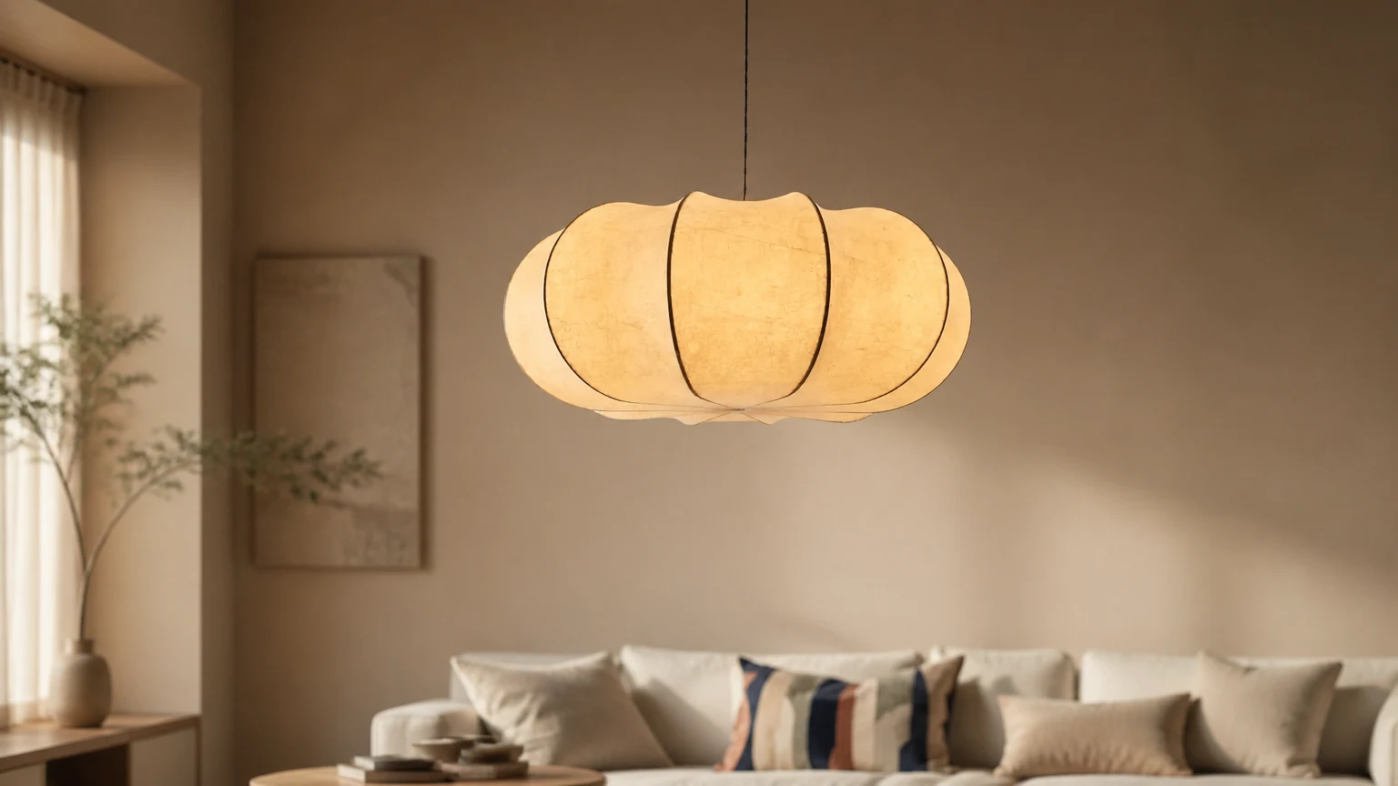Nowoczesna płaska okrągła jedwabna lampa wisząca w jasnym wnętrzu