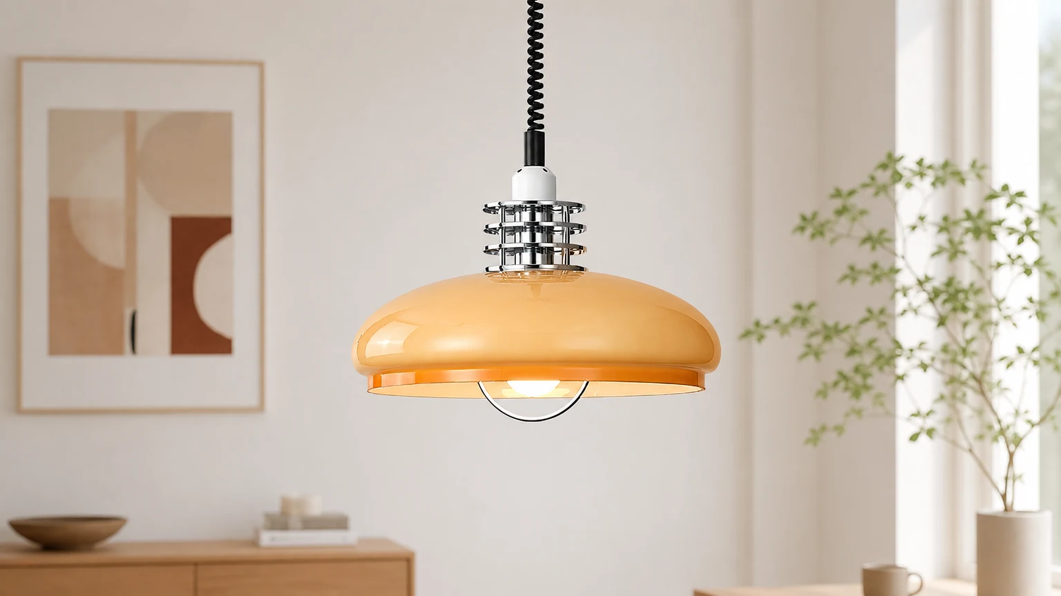 Poziomy widok pomieszczenia na wysuwaną lampę wiszącą Nordic Cream