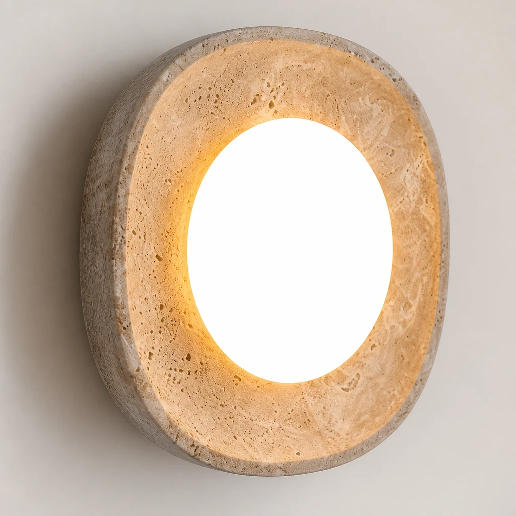 Zbliżenie tekstury trawertynu i świetlistej kuli kamiennej lampy ściennej Wabi-Sabi