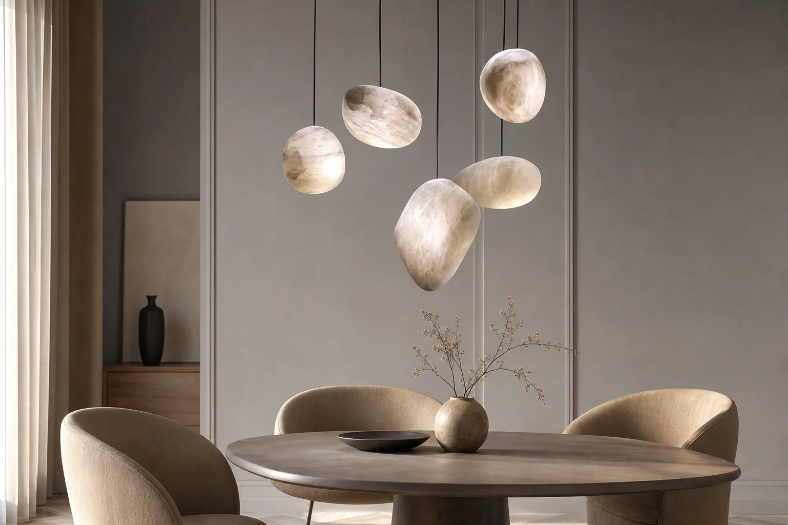 Scena stylu życia przedstawiająca alabastrowe lampy wiszące Pebbles w kontekście