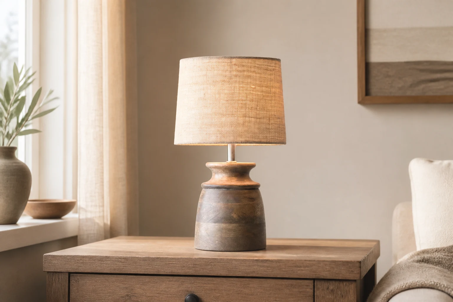 Drewniana lampa stołowa Partone D516 prezentowana w domowym zaciszu