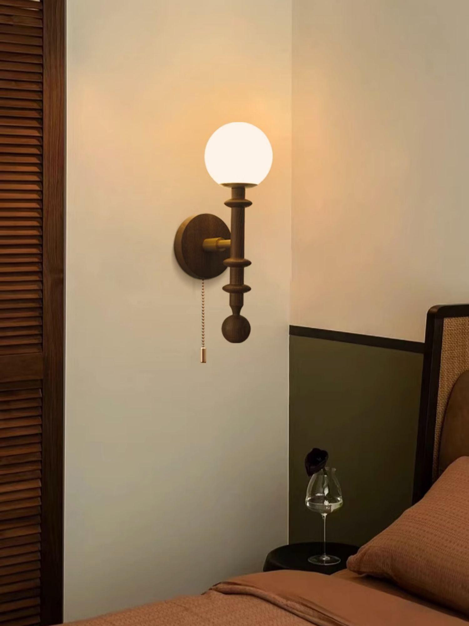 French Simple Vintage Bedside Wooden Glass Wall Lamp M428